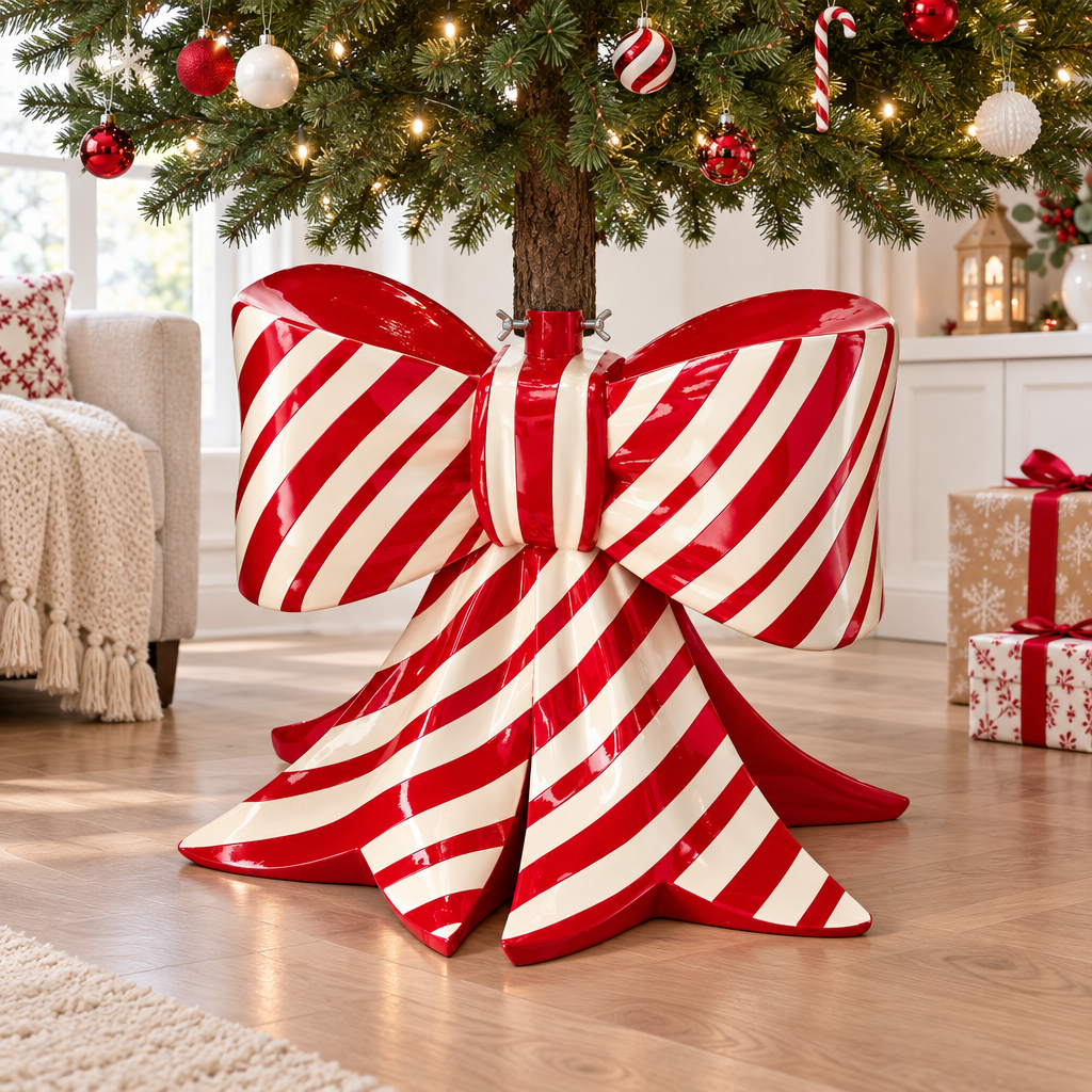 Base para árbol Lazo Candy roja y blanca al pie de un árbol de Navidad en una sala