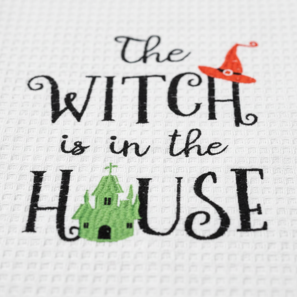 Zoom detalle frase The Witch is in the House sombrero naranja casita embrujada verde paño algodón Halloween cocina