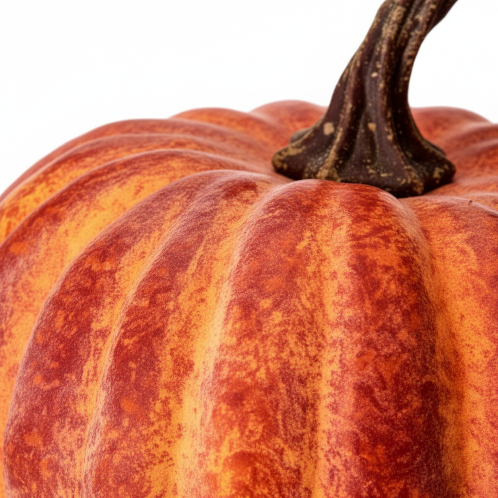 Zoom detalle calabaza decorativa plástico naranja terracota 13x16cm textura moteada costillas pronunciadas tallo retorcido