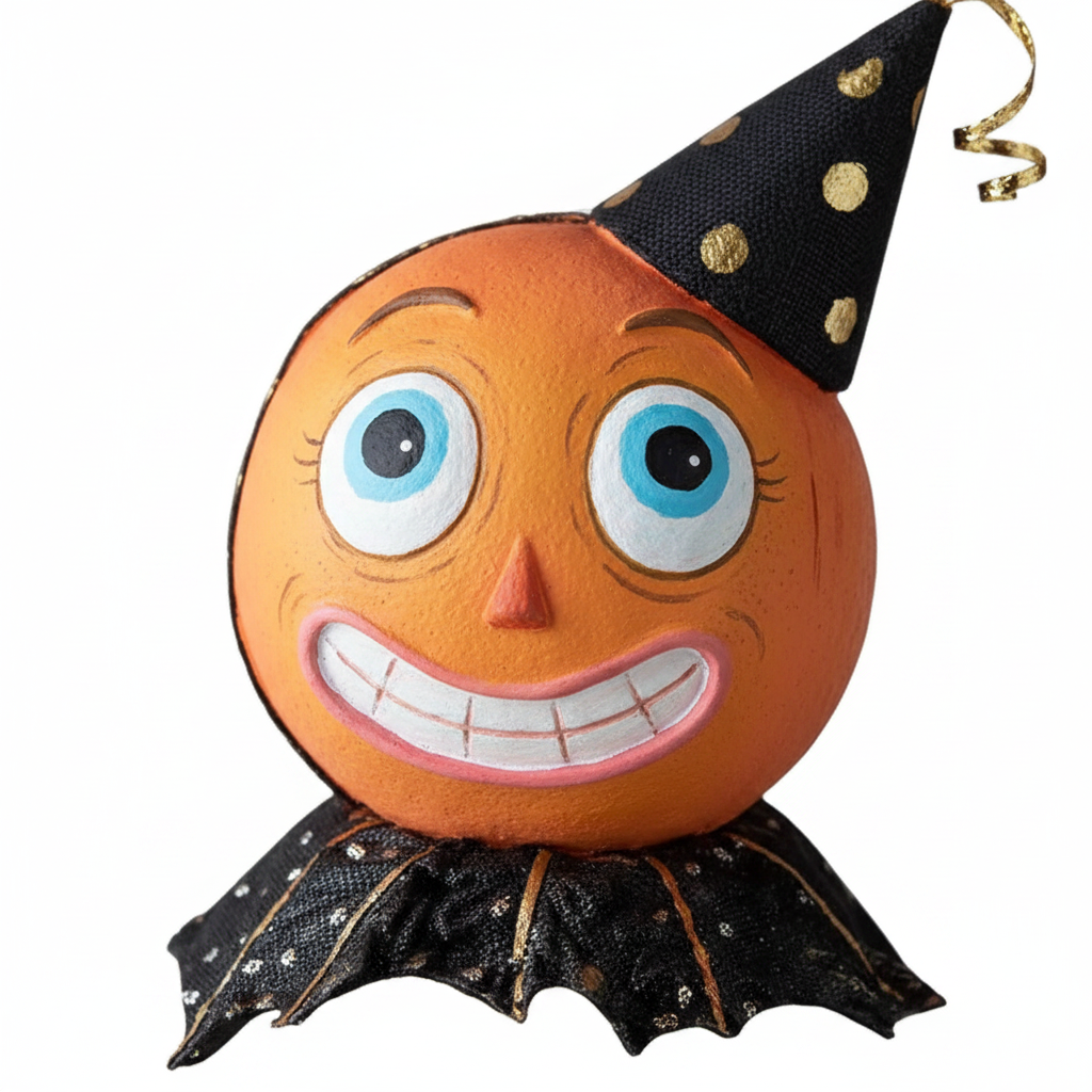 Zoom detalle figura calabaza fiesta naranja sombrero negro dorado capa murciélago resina tela Halloween 11cm