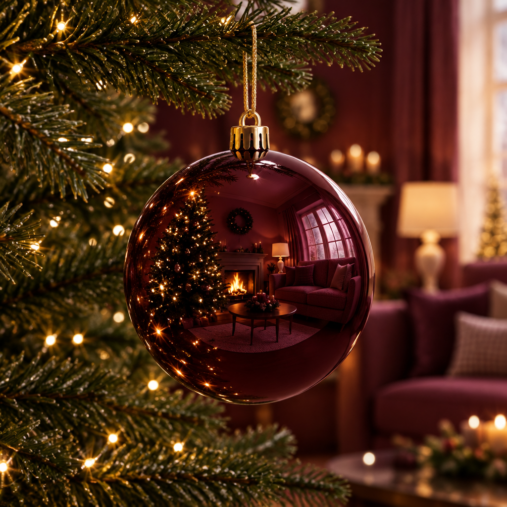 Imagen generada de una bambalina brillante vinotinto de 25 cm con remate dorado colgada en un árbol de Navidad
