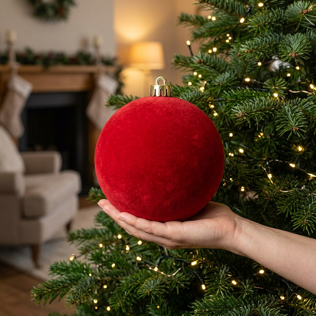 Una bambalina flocada roja de 20 cm con mano como referencia de tamaño