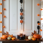 Decoración Halloween puerta con guirnalda BOO letras madera negro naranja rústica Caracas Venezuela