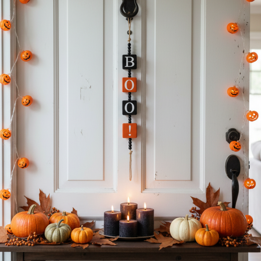 Decoración Halloween puerta con guirnalda BOO letras madera negro naranja rústica Caracas Venezuela