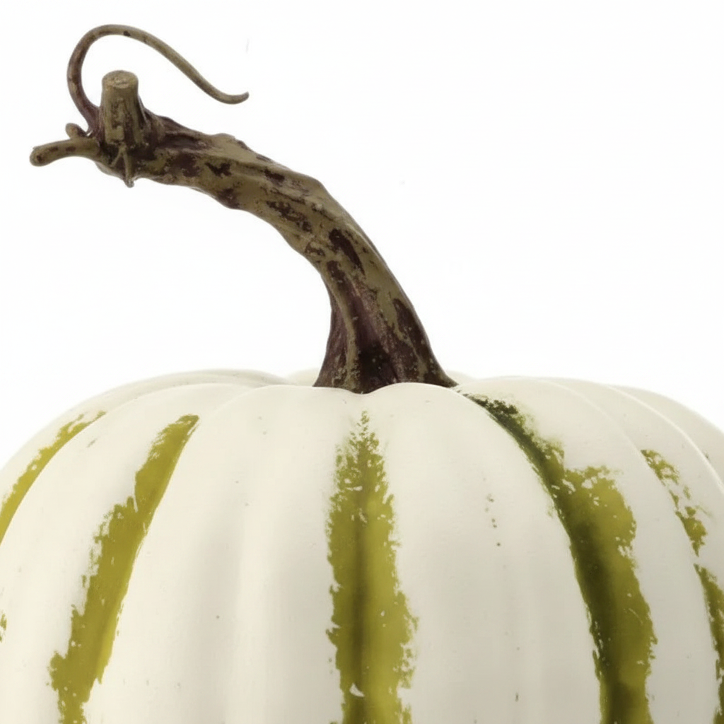 Zoom detalle calabaza decorativa látex crema rayas verdes oliva 13x16cm heirloom tallo retorcido Halloween Acción de Gracias