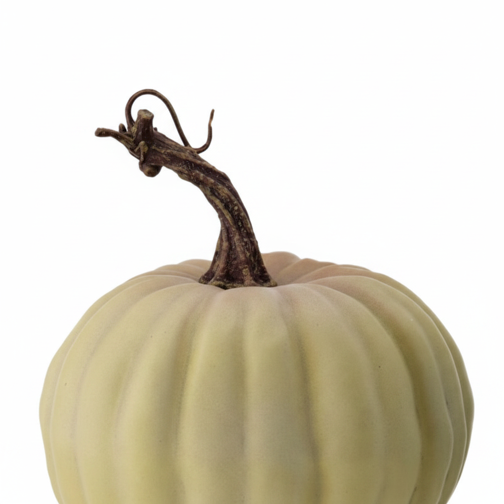 Zoom detalle calabaza decorativa látex amarillo lima suave 13x16cm acabado mate costillas verticales tallo retorcido
