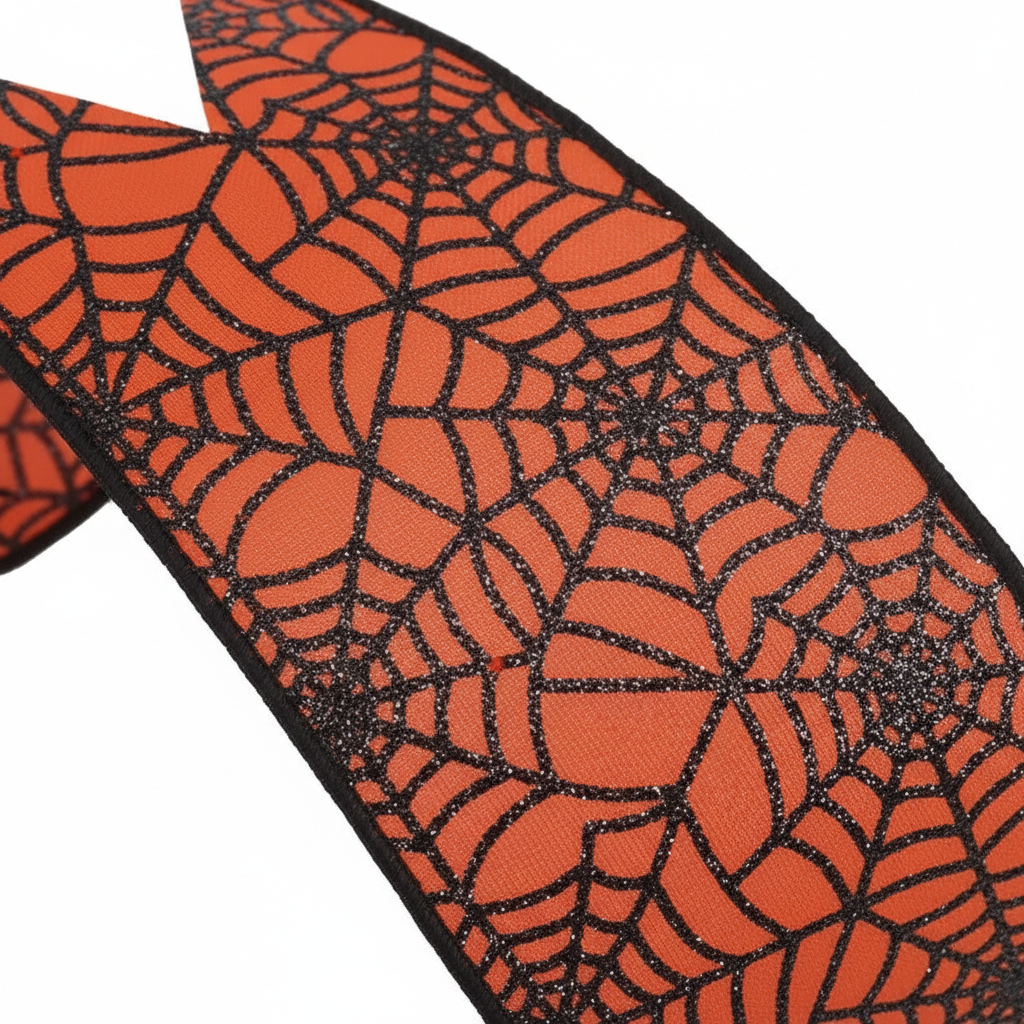 Zoom detalle cinta decorativa Halloween telaraña naranja glitter negro poliéster bordes alambrados 10cm