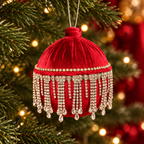 Imagen generada de una bambalina Diamond roja con flecos de pedrería decorativa ambientada en un árbol de Navidad