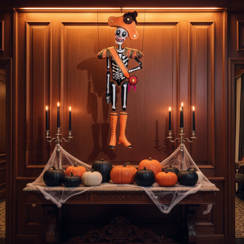 Decoración Halloween hall entrada con figura esqueleto Napoleón Bonaparte 183cm papel maché Caracas Venezuela