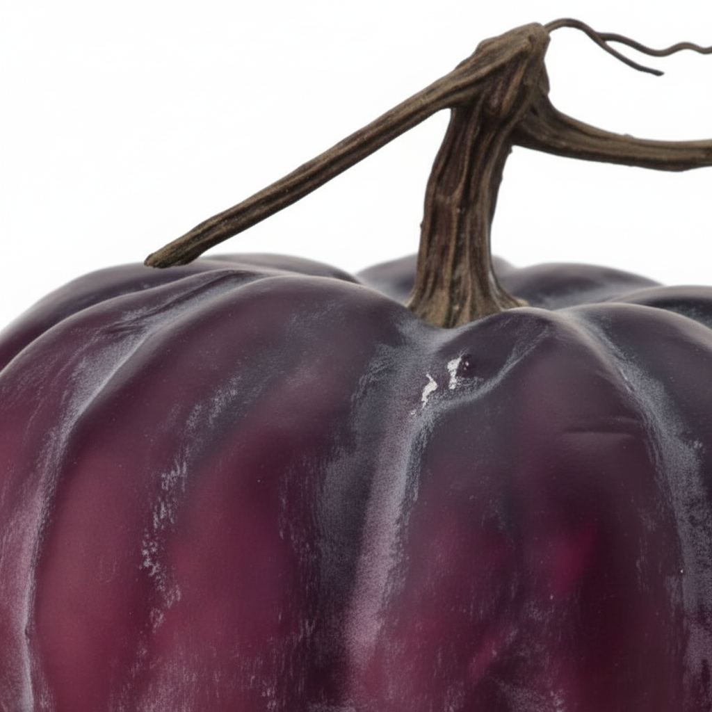 Zoom detalle calabaza decorativa látex vinotinto ciruela plana Cinderella 13x23cm satinada degradado azul-morado tallo filiforme