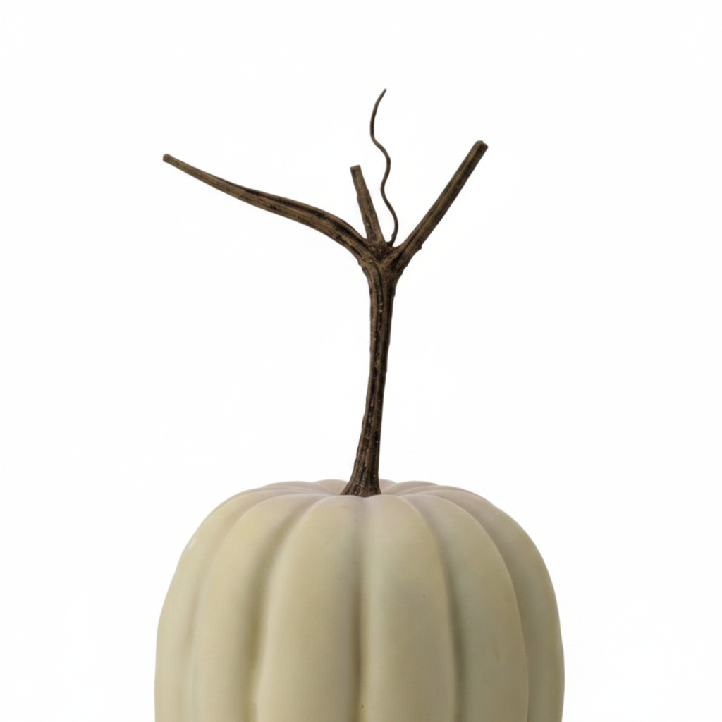 Zoom detalle calabaza decorativa látex marfil beige 20cm costillas amplias tallo ramificado en Y escultórico Acción de Gracias