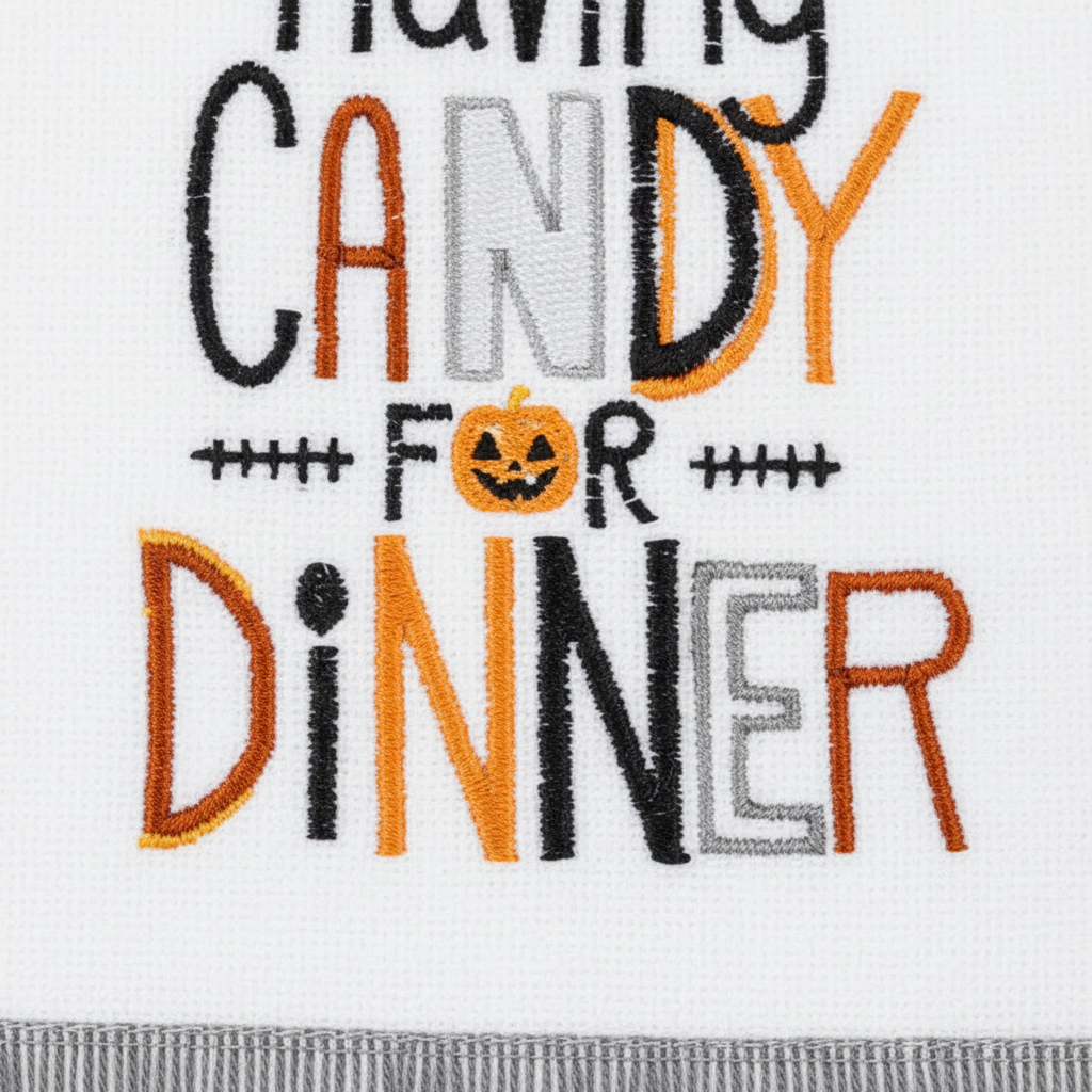 Zoom detalle bordado Having Candy for Dinner naranja negro flecos grises pompones negros paño cocina Halloween