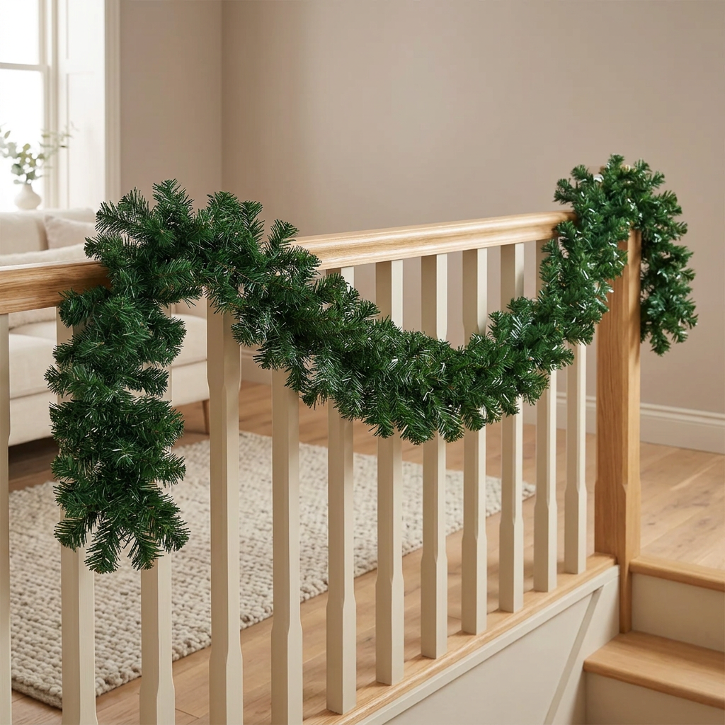 Guirnalda Canadian King verde sin luces decorando una baranda de escalera