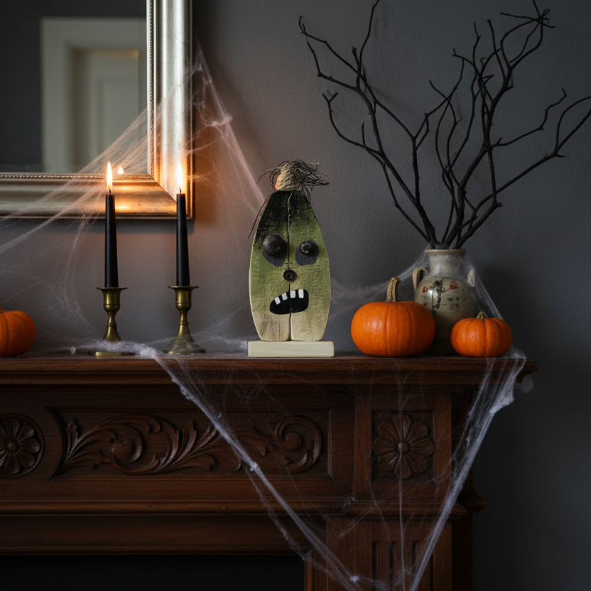 Decoración Halloween repisa con figura zombie madera artesanal 29cm Caracas Venezuela