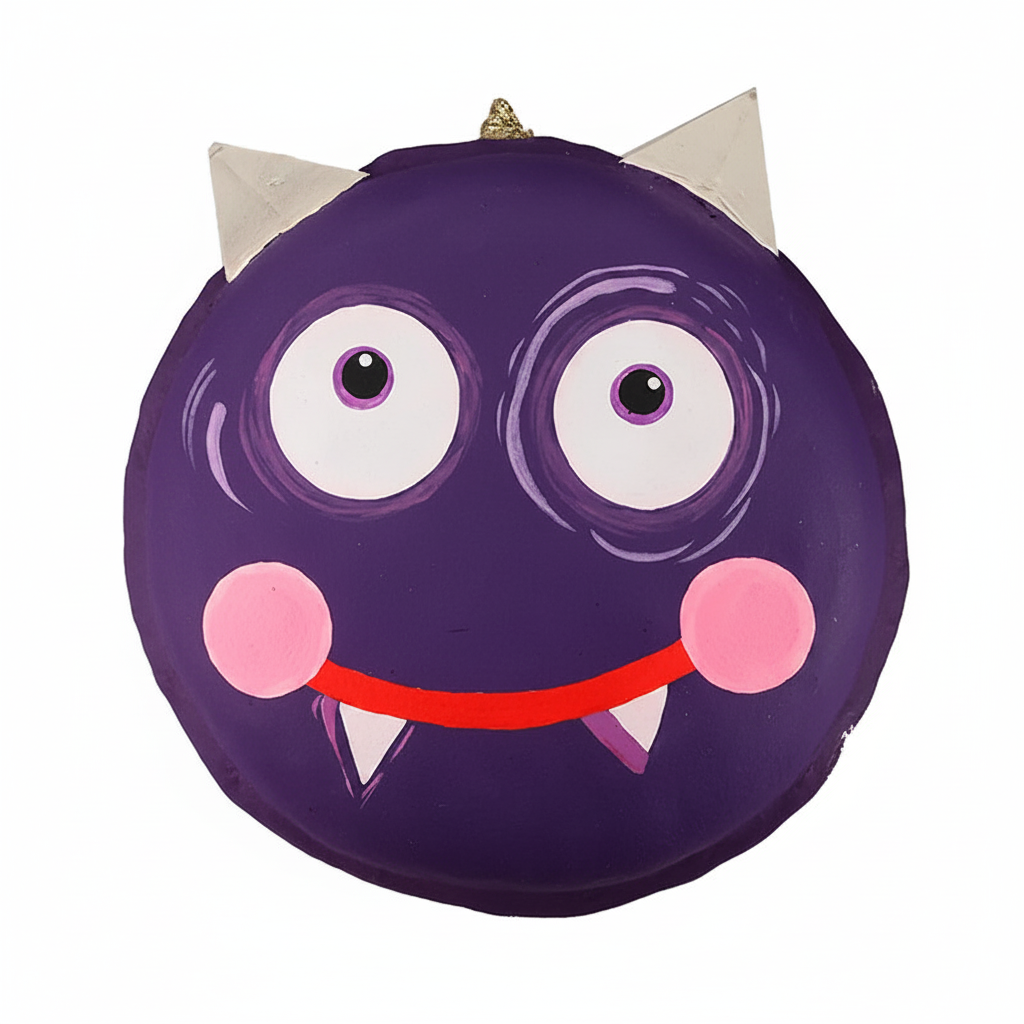 Zoom detalle macarrón colgante murciélago morado papel maché 30cm colmillos alitas grises ojos grandes Halloween
