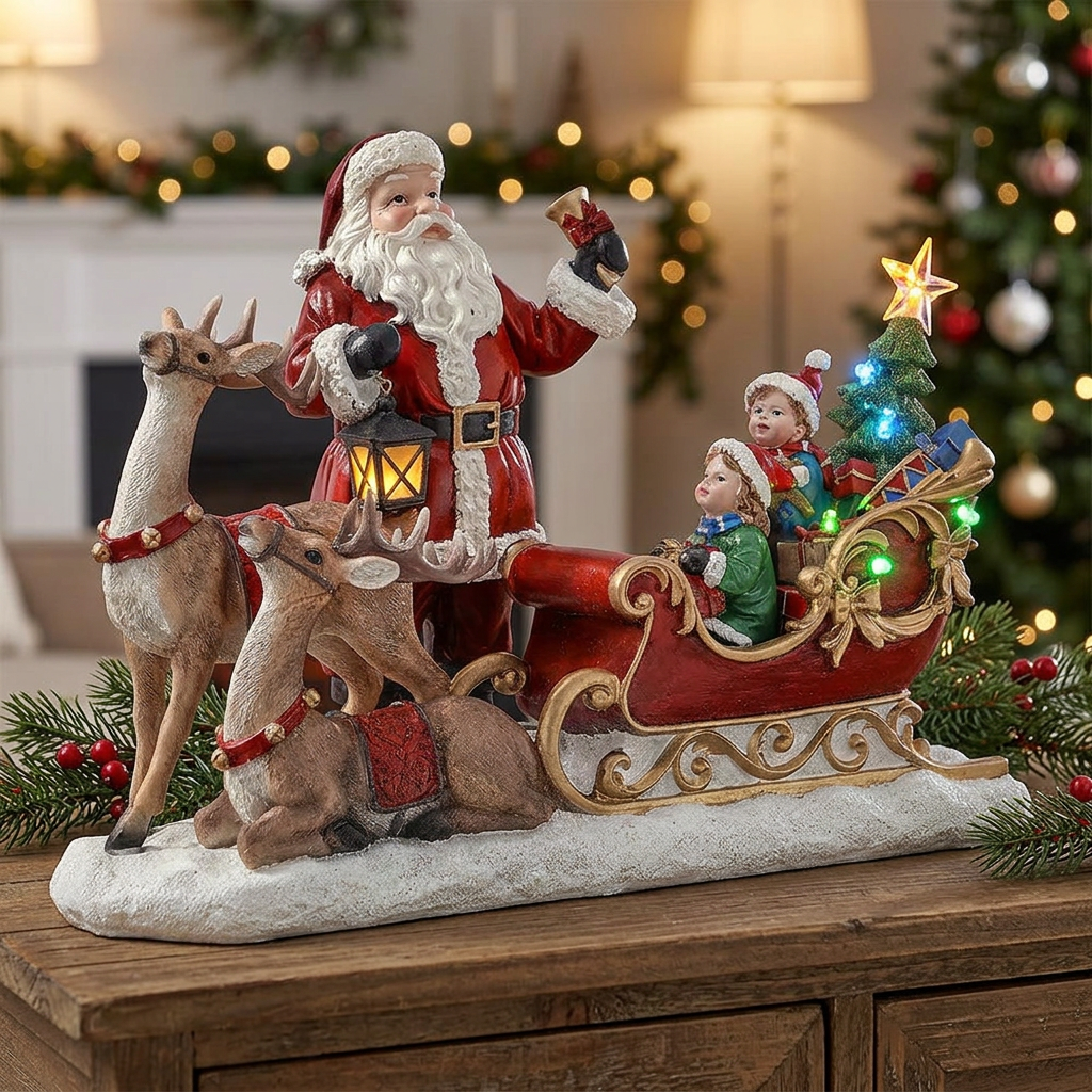 Figura de Santa con trineo LED y renos sobre una consola navideña