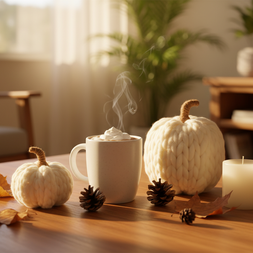 Calabaza tejida chunky knit blanco crema 15cm y 22cm escala real junto a taza decoración otoñal Halloween Acción de Gracias Caracas Venezuela