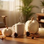 Calabaza tejida chunky knit blanco crema 15cm y 22cm escala real junto a taza decoración otoñal Halloween Acción de Gracias Caracas Venezuela