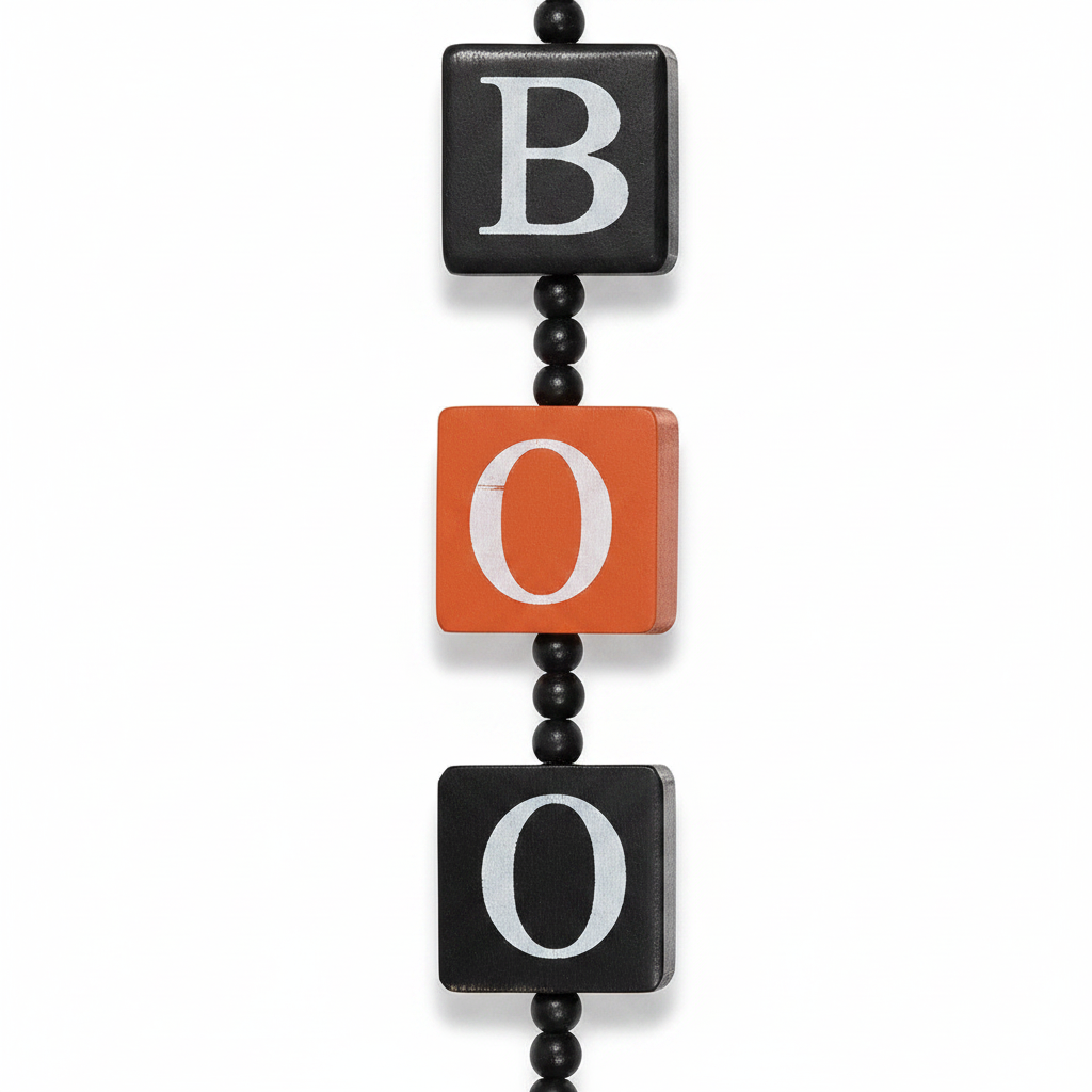 Zoom detalle guirnalda BOO letras madera negro naranja cuentas negras cordón yute Halloween 86cm
