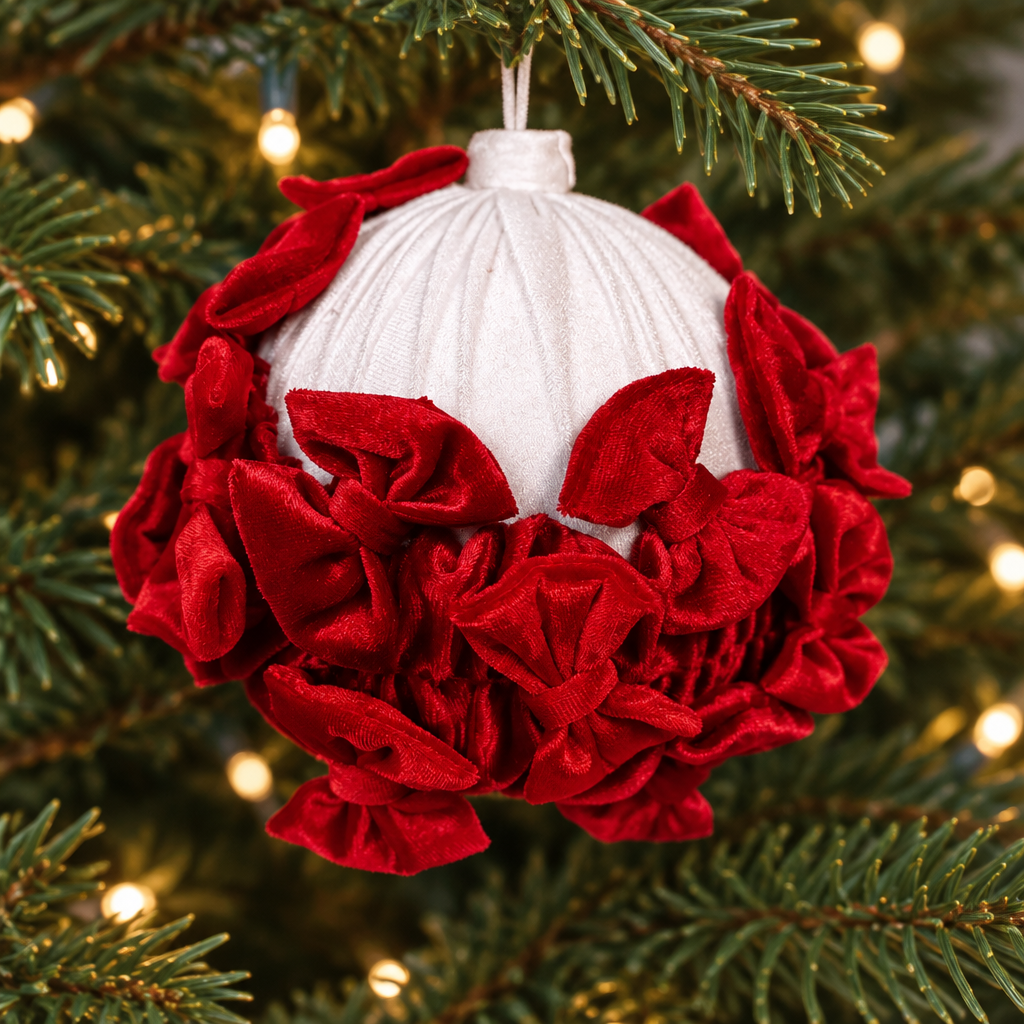 Imagen generada de una bambalina blanca con lazos rojos en relieve ambientada en un árbol de Navidad