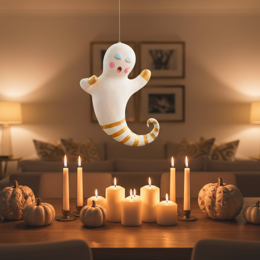Decoración Halloween colgante fantasma kawaii blanco dorado 55cm gran formato techo sala Caracas Venezuela