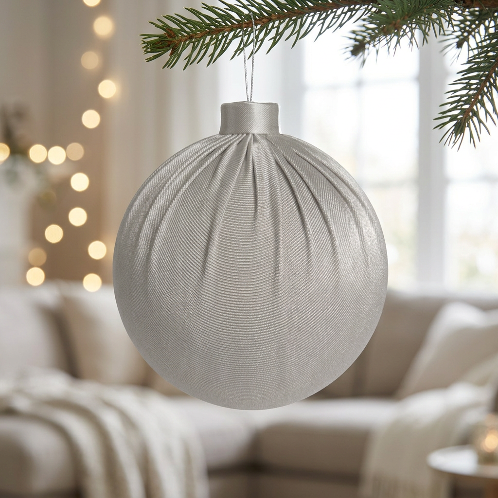 Bambalina Plisada plateada colgada en un árbol de Navidad con luces cálidas