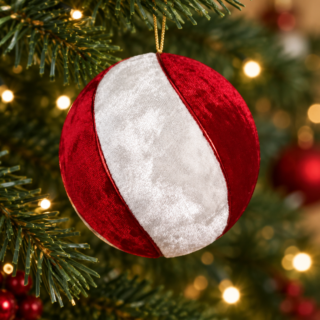 Imagen generada de una bambalina Duo de franjas rojas y blancas colgada en un árbol de Navidad