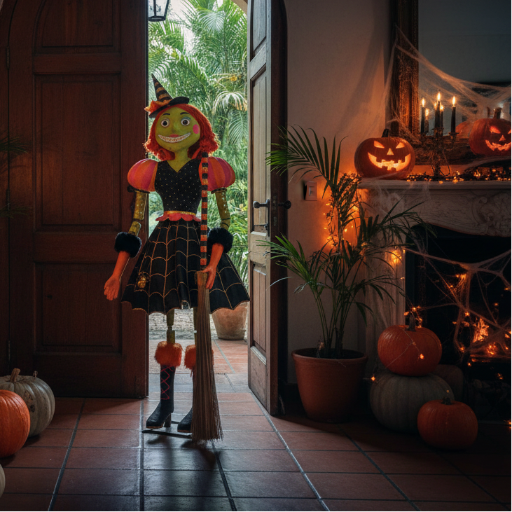 Decoración Halloween hall entrada con figura bruja tamaño real 186cm papel maché Caracas Venezuela