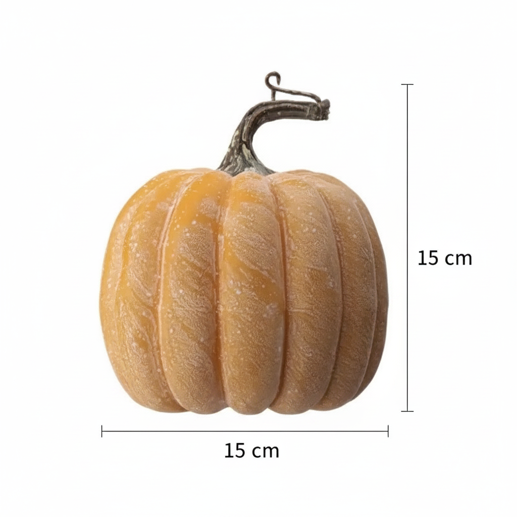Medidas calabaza decorativa sintética naranja ámbar 15cm alto 15cm ancho cotas externas ficha técnica
