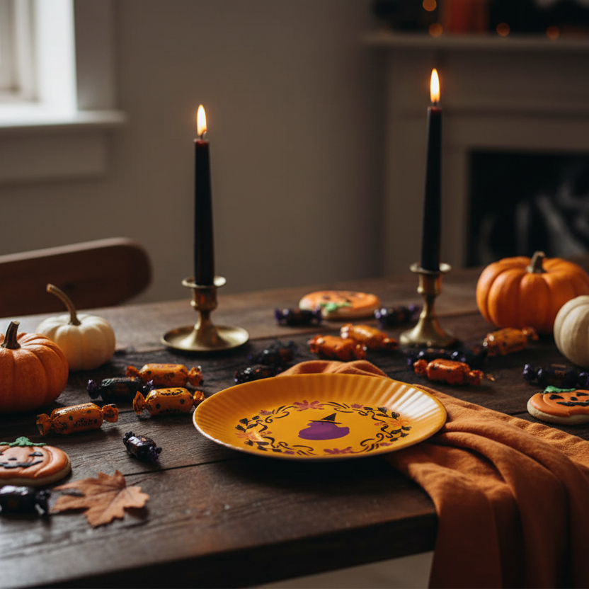 Mesa Halloween decorada con plato melamina pollito naranja vajilla temática Caracas Venezuela