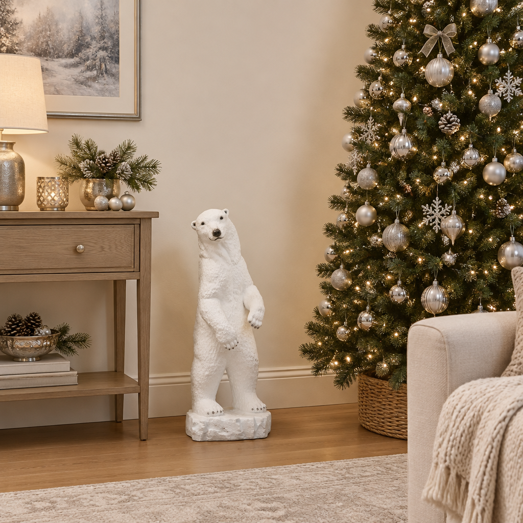 Imagen generada de un oso polar decorativo de 80 cm junto a muebles y un árbol de Navidad