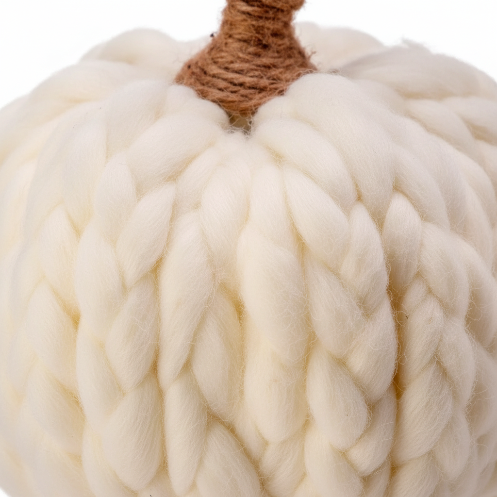 Zoom detalle calabaza decorativa tejida chunky knit blanco crema costillas verticales tallo cuerda marrón Halloween