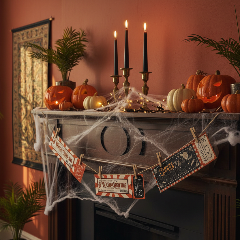 Decoración Halloween pared con guirnalda boletos carnaval vintage naranja negro 91cm Caracas Venezuela