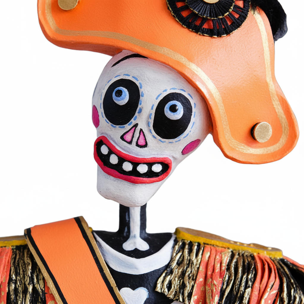 Zoom detalle cara calavera Día de Muertos esqueleto Napoleón Bonaparte papel maché sombrero naranja Halloween 183cm