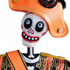 Zoom detalle cara calavera Día de Muertos esqueleto Napoleón Bonaparte papel maché sombrero naranja Halloween 183cm