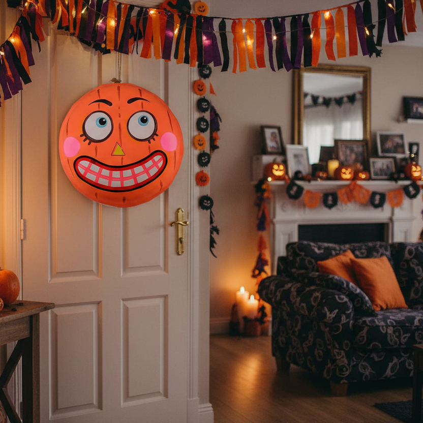 Decoración Halloween colgante macarrón calabaza naranja papel maché 30cm puerta techo Caracas Venezuela