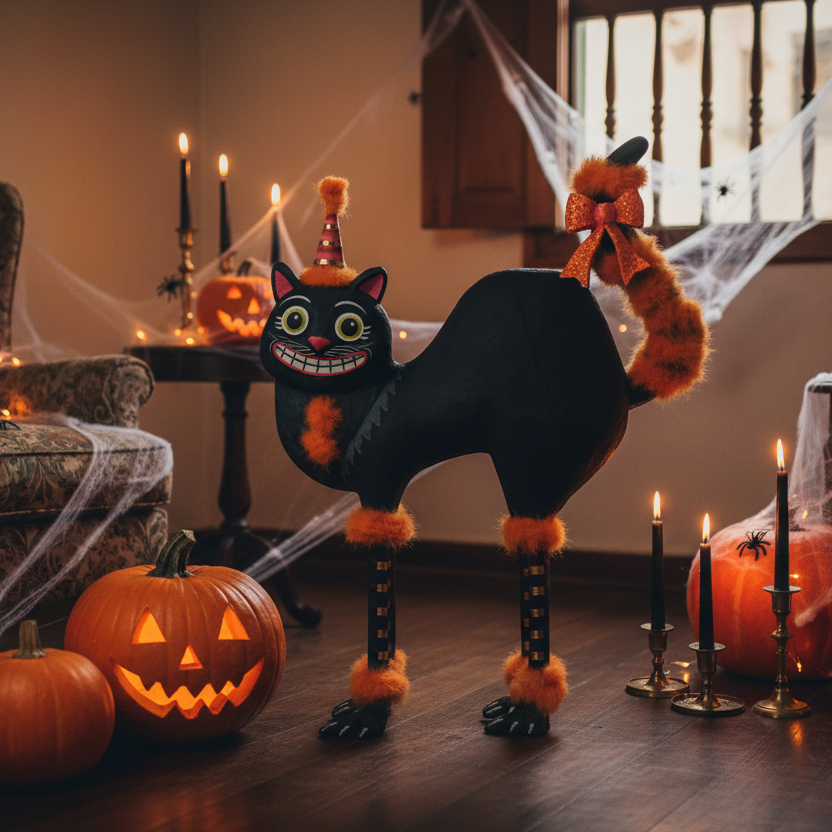 Decoración Halloween sala con figura gato negro 100cm papel maché gran formato Caracas Venezuela