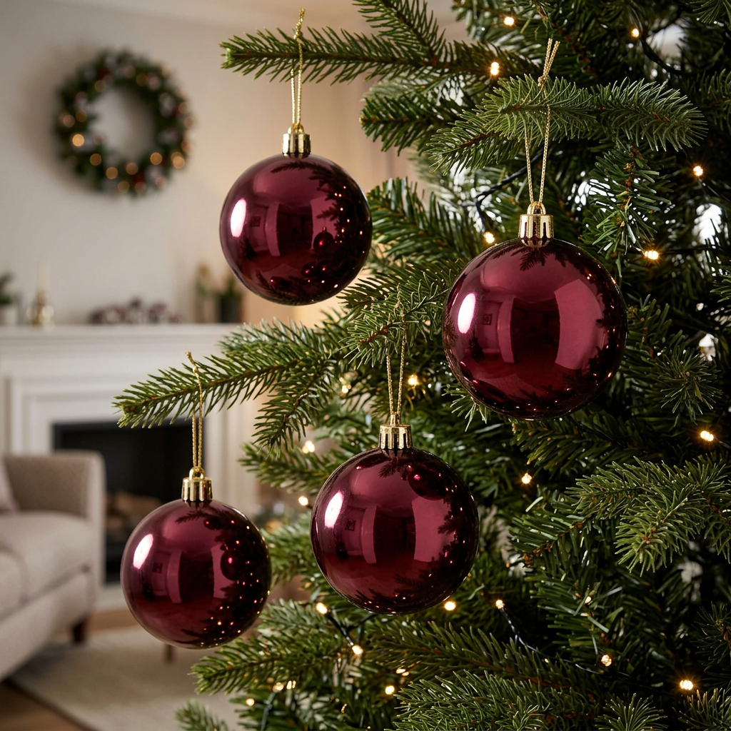 Set de 4 bambalinas brillantes vinotinto de 10 cm ambientadas en árbol de Navidad