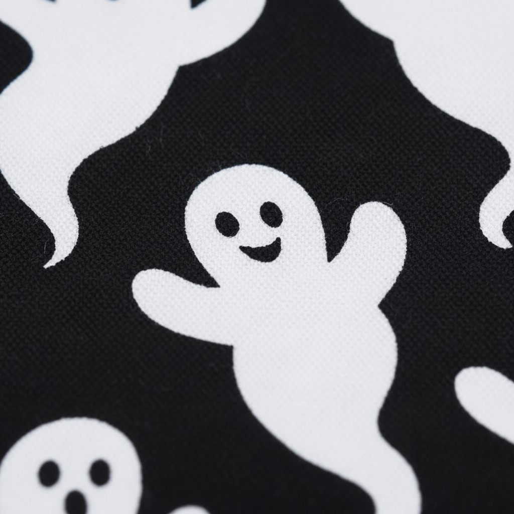 Zoom detalle estampado fantasmas blancos fondo negro algodón paño cocina Halloween 69cm