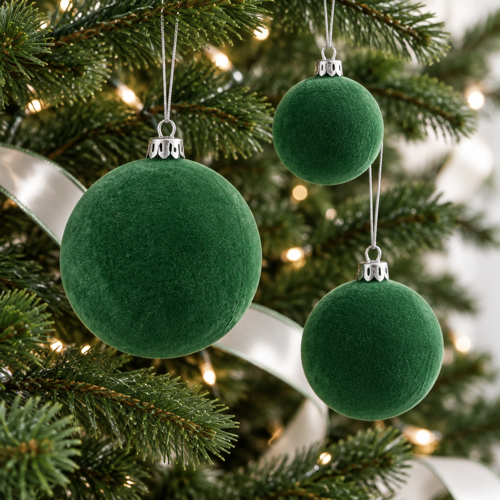Imagen generada de tres bambalinas flocadas verdes con remates plateados en un árbol de Navidad