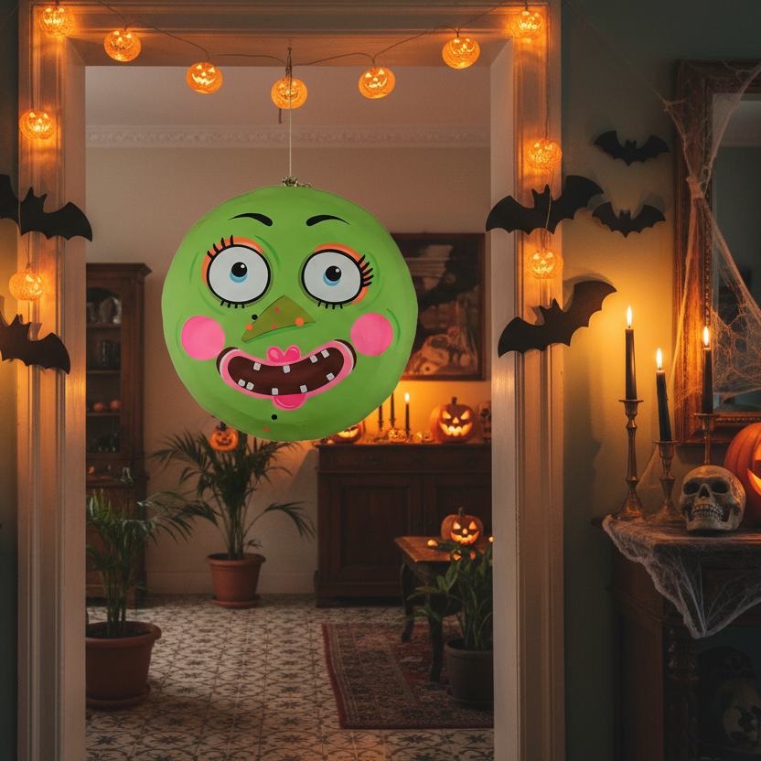 Decoración Halloween colgante macarrón Frankenstein verde papel maché 30cm puerta techo Caracas Venezuela