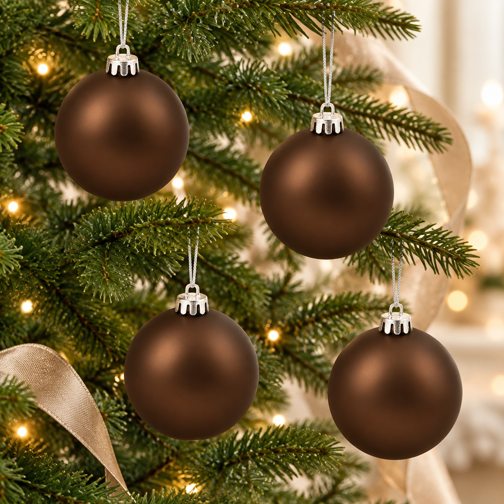 Imagen generada de cuatro bambalinas mates marrones de 10 cm con remates plateados en un árbol de Navidad
