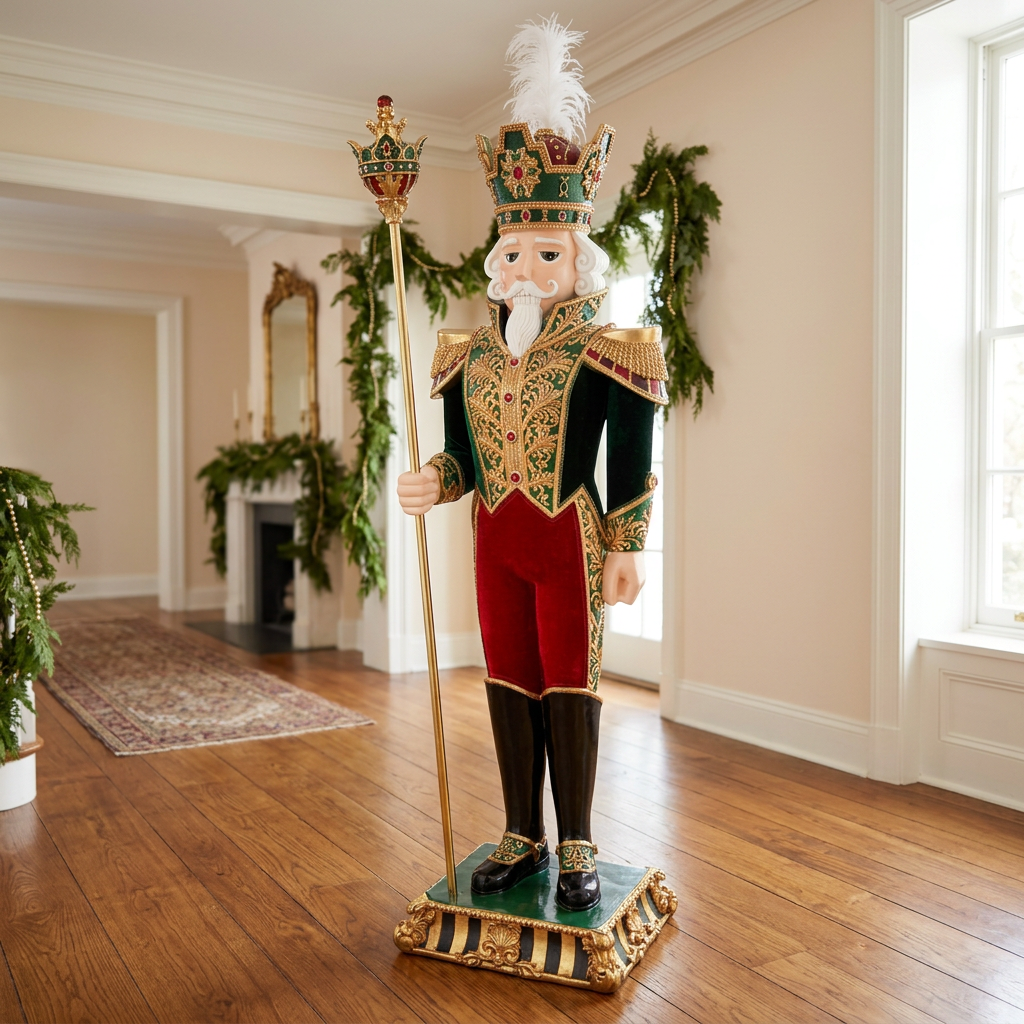 Cascanueces Real con traje verde y dorado en un recibidor con decoración navideña