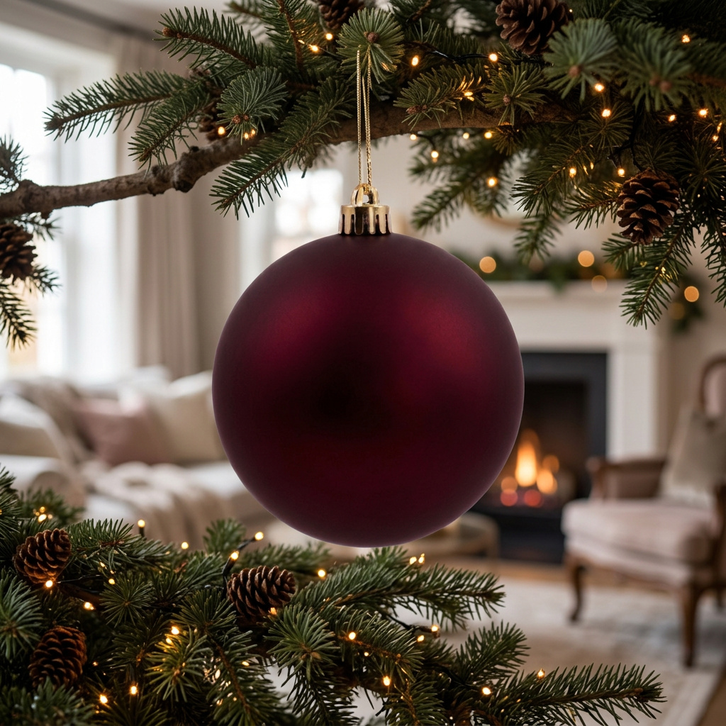 Bambalina mate vinotinto de 25 cm ambientada en árbol de Navidad