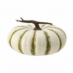 Zoom detalle calabaza decorativa látex crema rayas verde oliva plana Jarrahdale tallo horizontal asimétrico Acción de Gracias