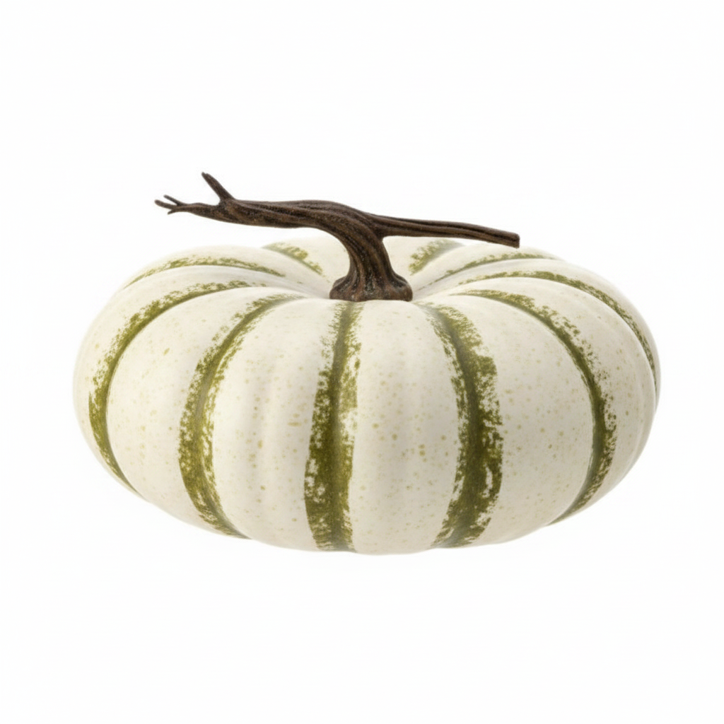 Zoom detalle calabaza decorativa látex crema rayas verde oliva plana Jarrahdale tallo horizontal asimétrico Acción de Gracias