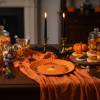 Mesa Halloween decorada con plato melamina pollito naranja 23cm vajilla temática Caracas Venezuela
