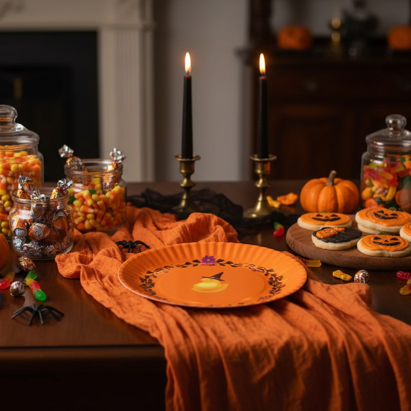 Mesa Halloween decorada con plato melamina pollito naranja 23cm vajilla temática Caracas Venezuela