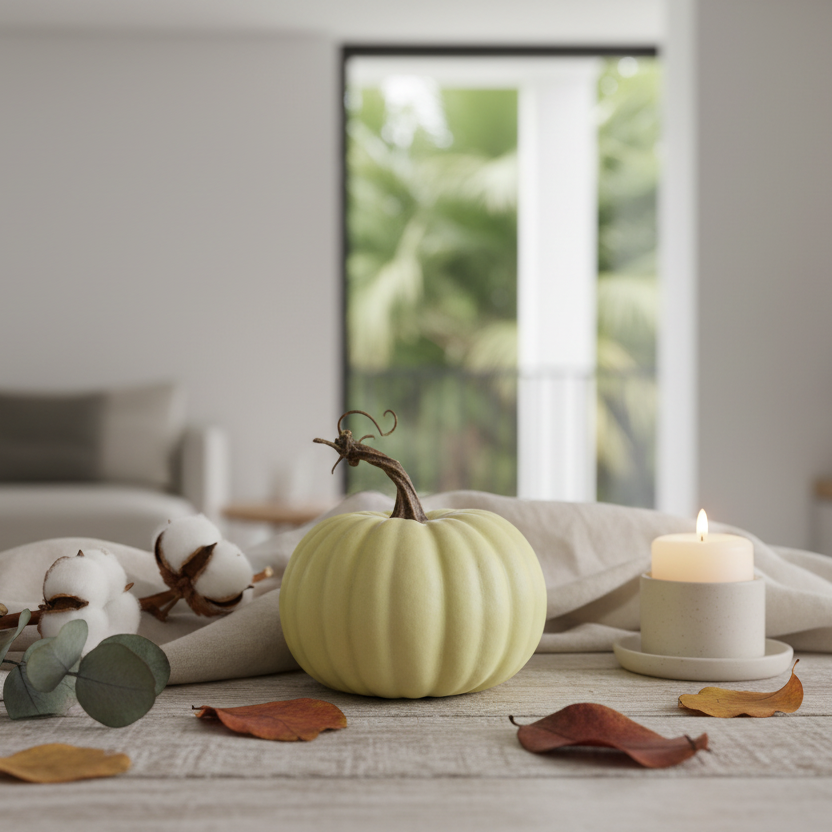 Decoración otoñal moderna calabaza látex amarillo lima 13cm escala real acento Acción de Gracias Caracas Venezuela