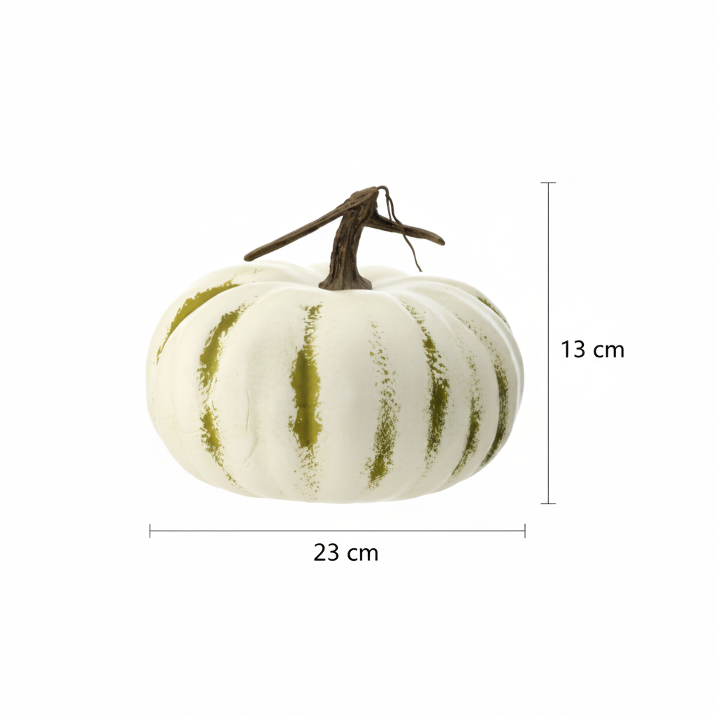 Medidas calabaza decorativa látex crema verde oliva plana 13cm alto 23cm ancho cotas externas ficha técnica